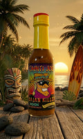 Bottle of Cahiti Joe Bajan Killer hot sauce with a tropical background featuring palm trees and a sunset.