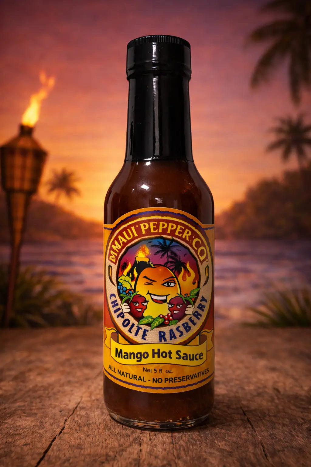 Bottle of Mango Hot Sauce with a tropical background