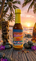 Delaware Beer Lites Hot Sauce bottle on a beach with sunset and palm trees in the background