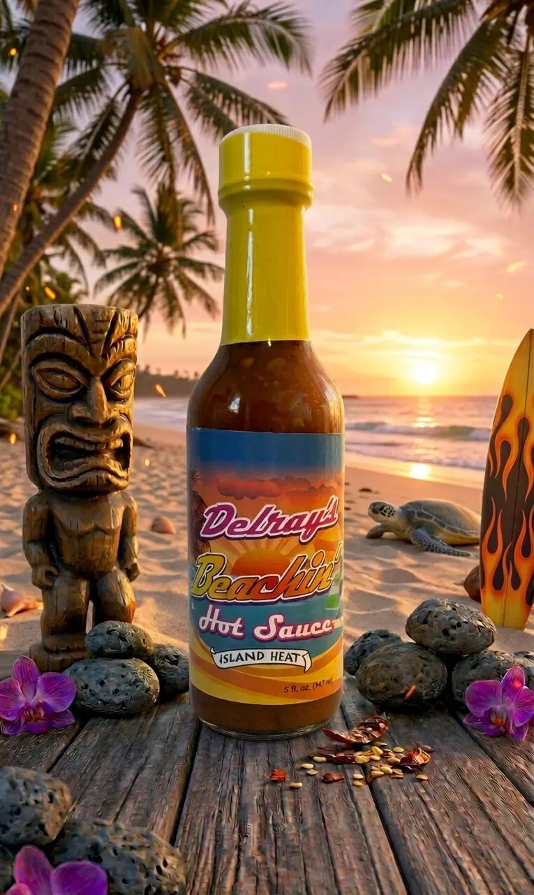 Delaware Beer Lites Hot Sauce bottle on a beach with sunset and palm trees in the background