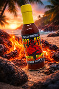 Hot sauce bottle labeled 'Prince of Darkness Devil Juice' in front of a beach sunset with flames.
