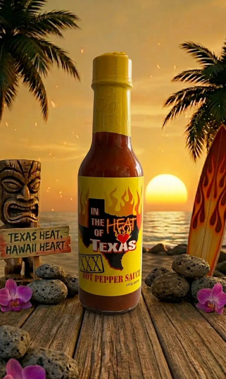 Hot pepper sauce bottle with 'In the Heat of Texas' label against a sunset beach backdrop