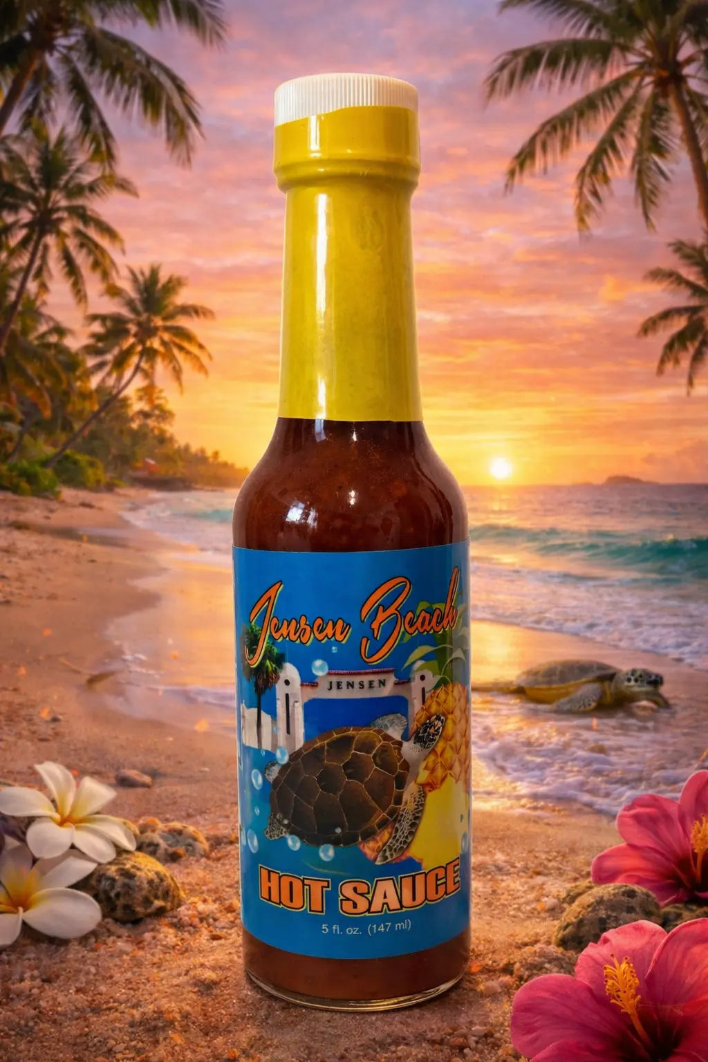 Bottle of Jensen Beach hot sauce with a tropical beach sunset background