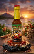 Bottle of Santa Joe's Killer Garlic Pepper Sauce with a scenic background