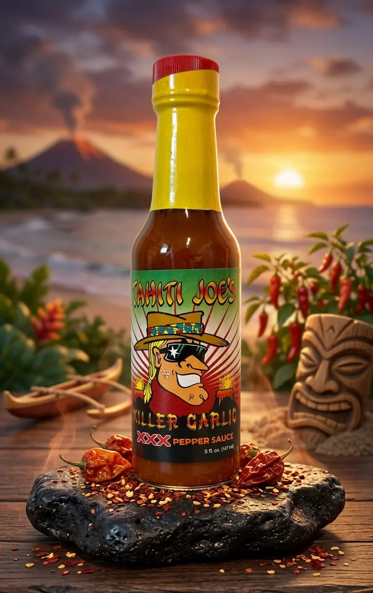 Bottle of Santa Joe's Killer Garlic Pepper Sauce with a scenic background
