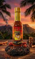 Hot sauce bottle with a tropical background featuring palm trees and mountains.