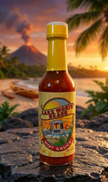 Bottle of Lake Worth Beach hot sauce with a tropical sunset background