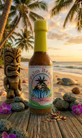 Palm Beach hot sauce bottle on a beach setting with palm trees and sunset.