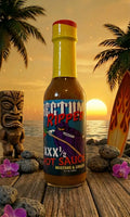 Bottle of hot sauce with a sunset and beach background