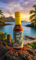Hot sauce bottle with a tropical background