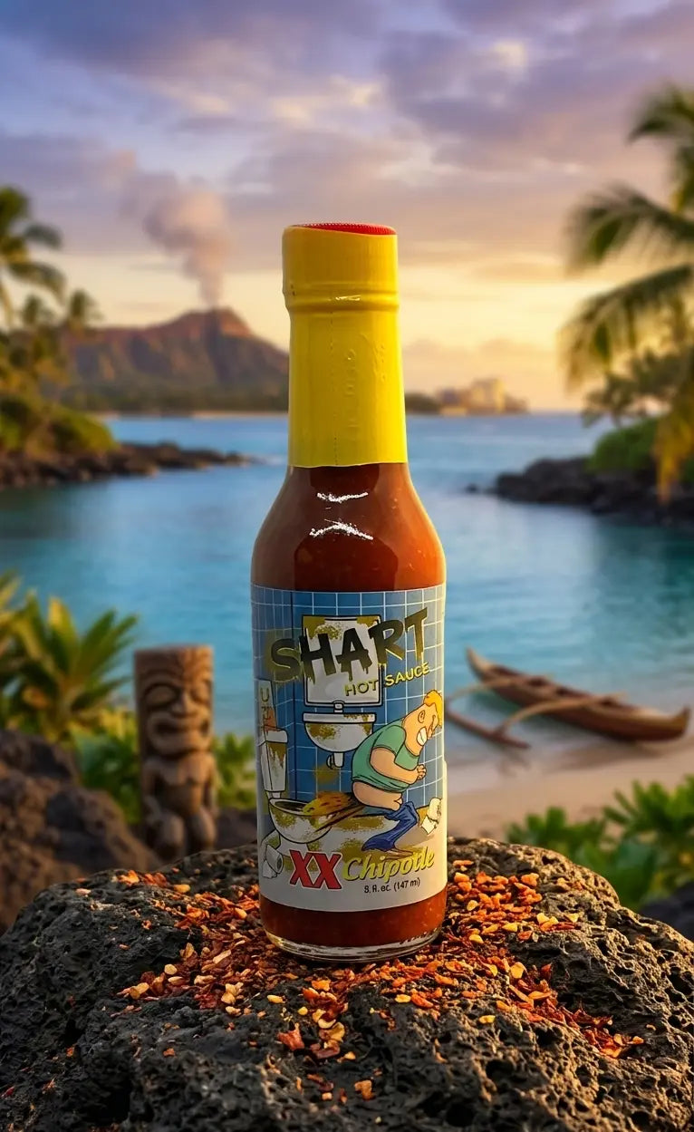 Hot sauce bottle with a tropical background
