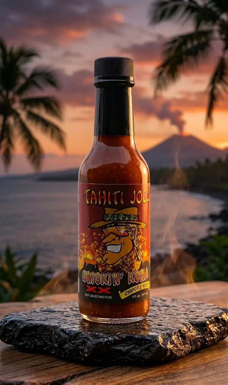 Bottle of Tahiti Joe's hot sauce with a sunset and beach background