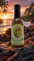Hot sauce bottle with a sunset and ocean background