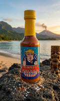 Bottle of 'Trumped Up America' hot sauce on a beach with mountains in the background