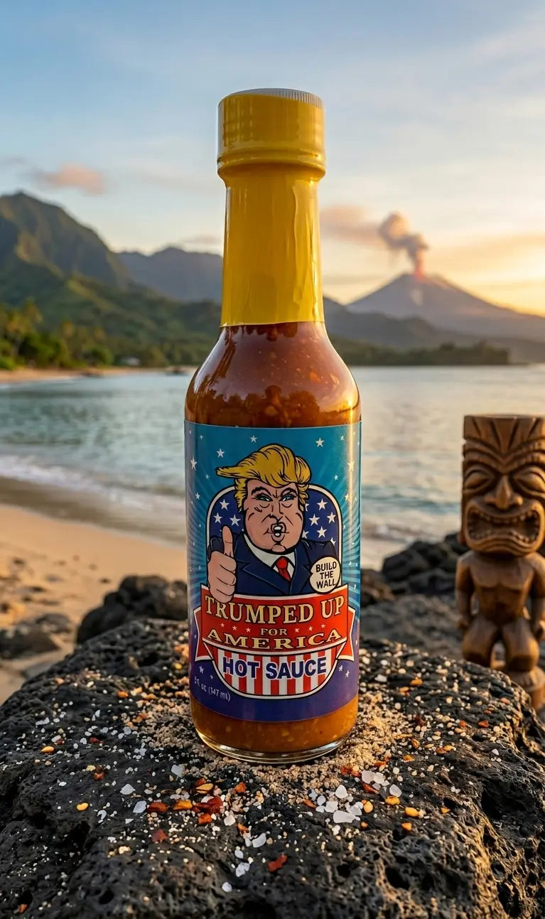Bottle of 'Trumped Up America' hot sauce on a beach with mountains in the background