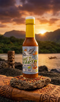 Hot sauce bottle with label featuring a cartoon duck and text, set against a scenic sunset with mountains and water.