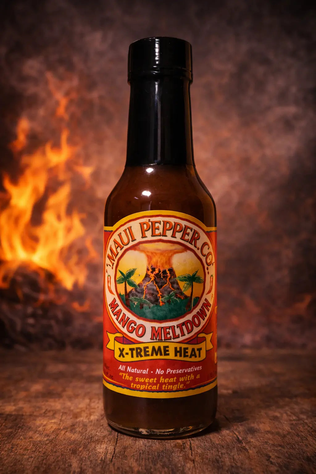 Hot sauce bottle with 'Maui Pepper Co.' label against a fiery background